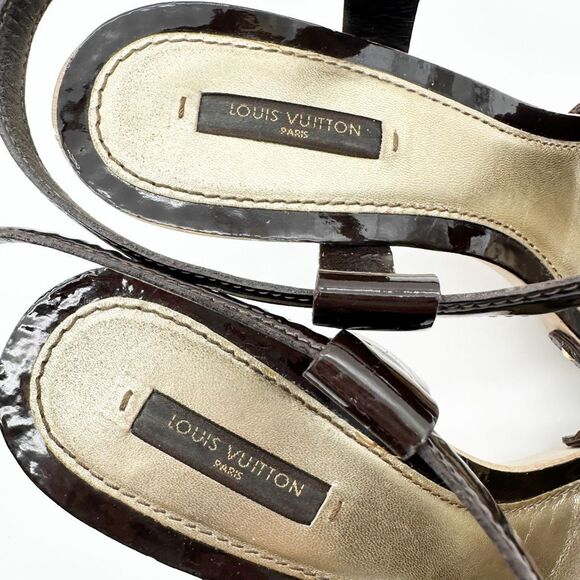 LOUIS VUITTON Idylle Monogram Platform Pumps Size 38 Peep Toe Patent Bow Brown - Picture 13 of 16